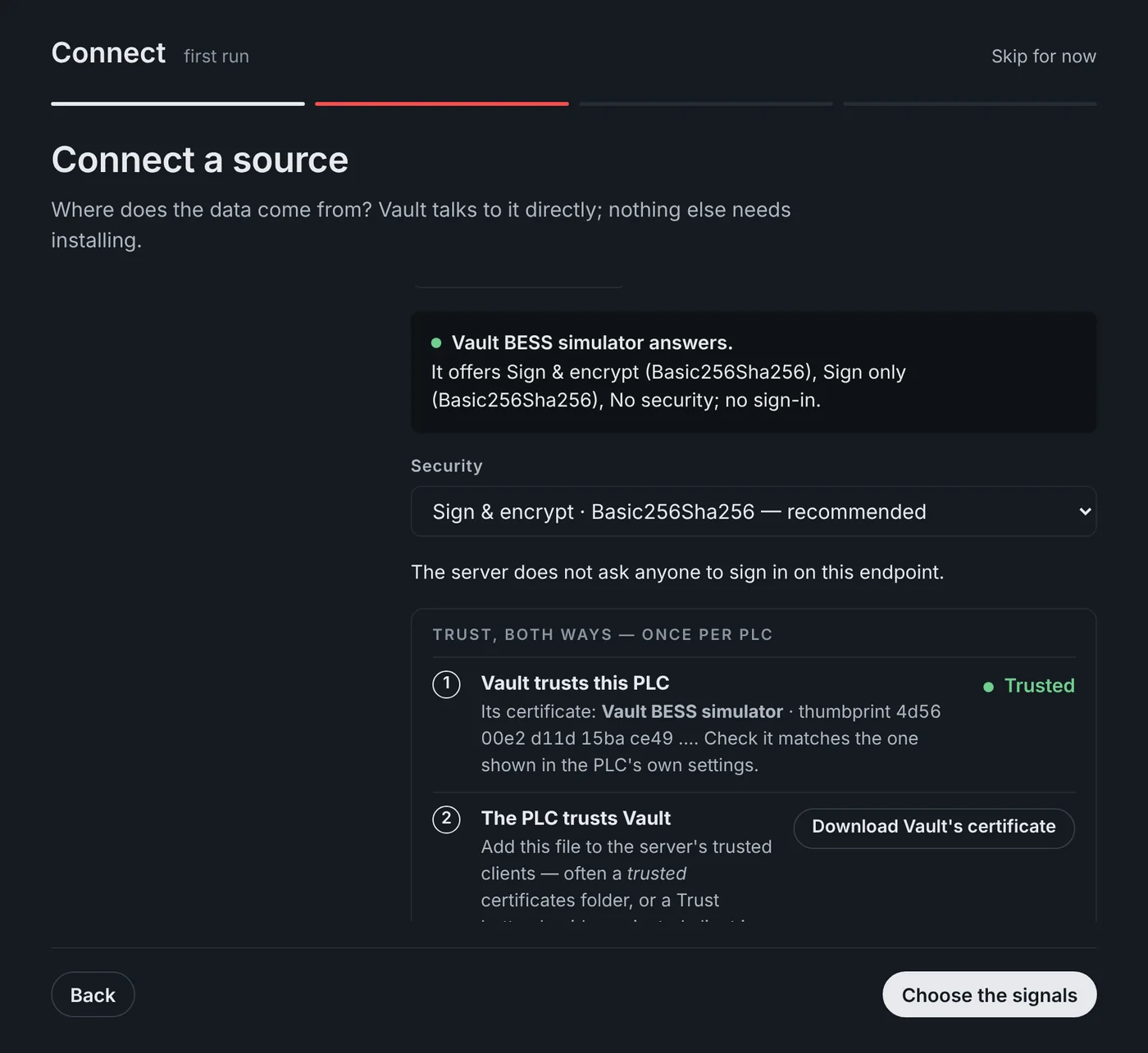 Vault first-run wizard, step two: connecting to an OPC UA server and testing the connection.